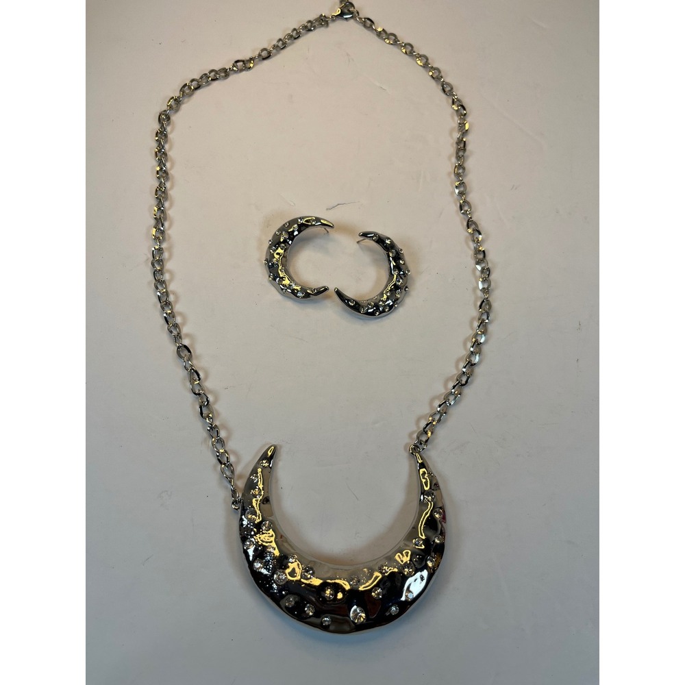 Silver Tone Rhinestone Crescent Moon Necklace Brooch and Earring Jewelry Set